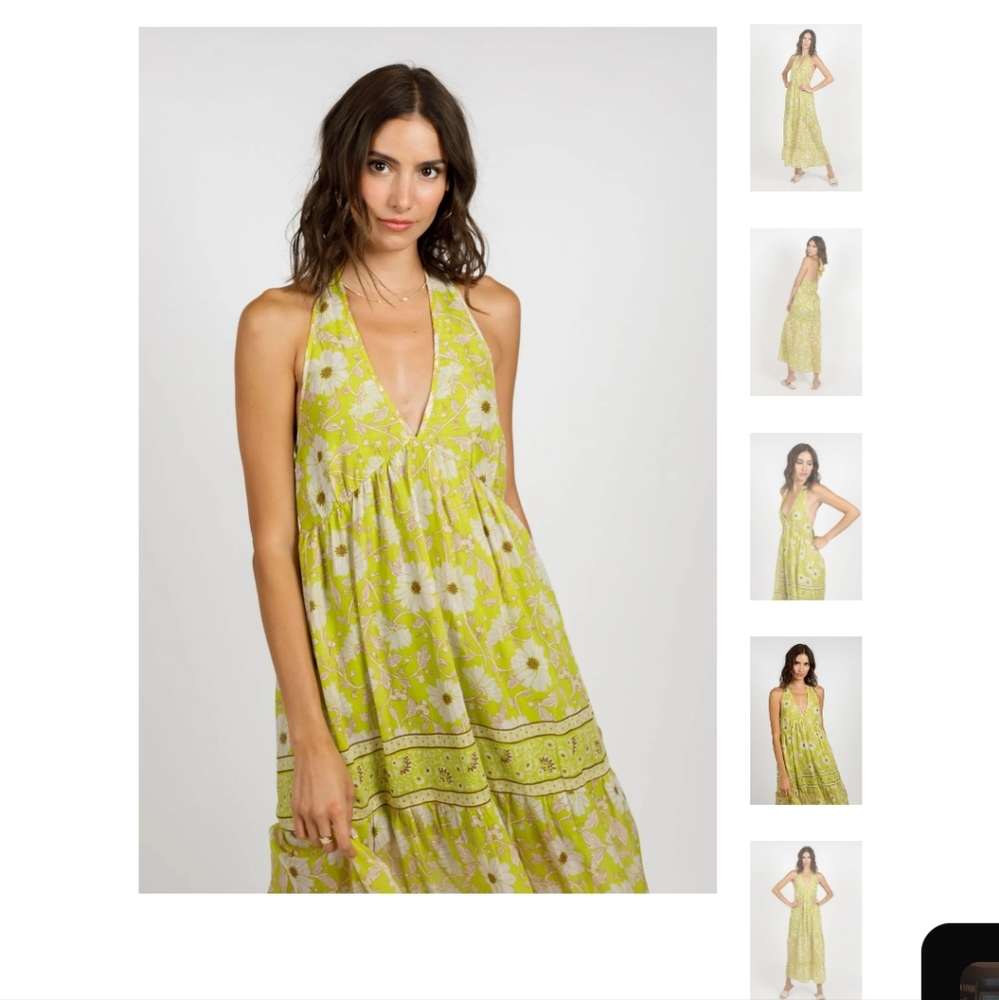 Band of the Free Keahi Lime Floral Halter Maxi Dress Size Medium - Picture 2 of 10